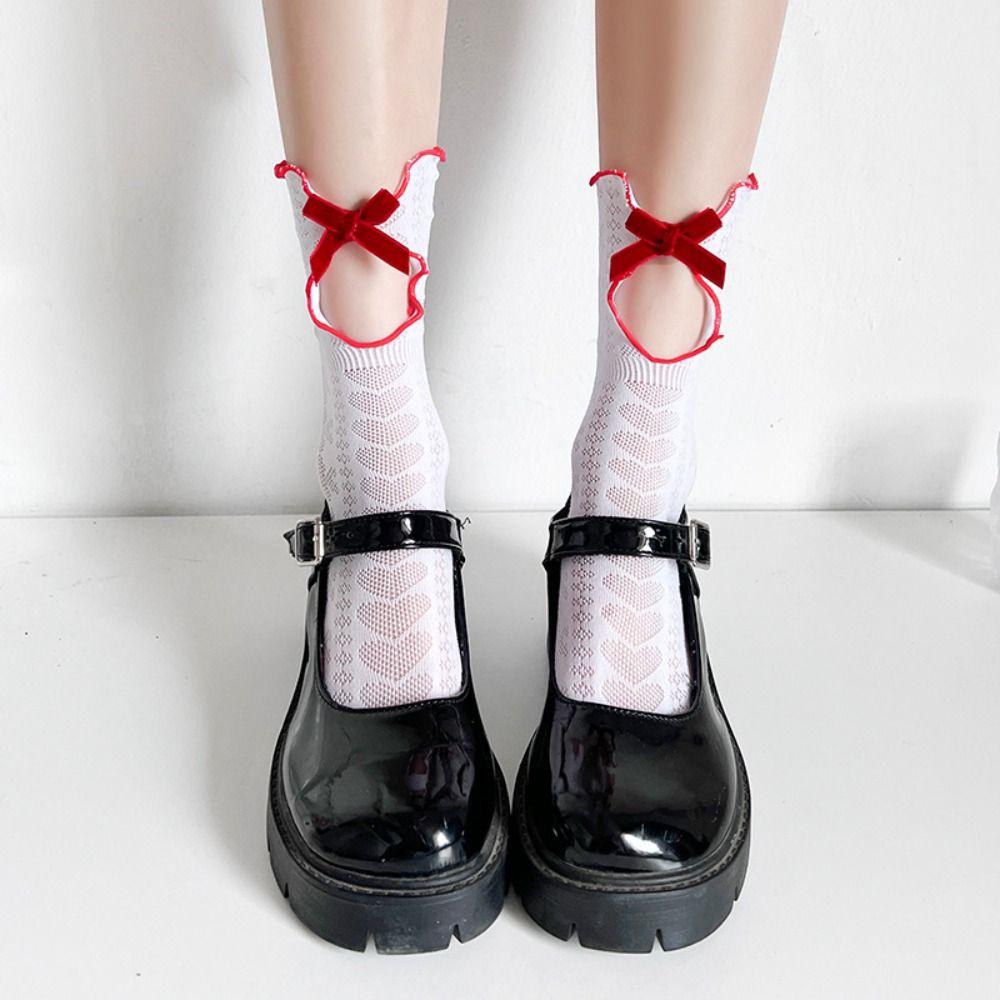 Hollow Out Women Lolita Socks Mesh Jk Hosiery Cute Bow Lace Socks  Lady