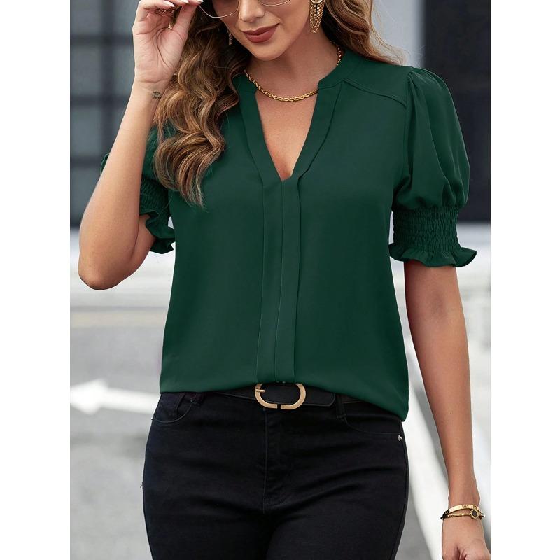 Women's summer new V-neck pure color fashion temperament bubble sleeve pure color shirt blouse