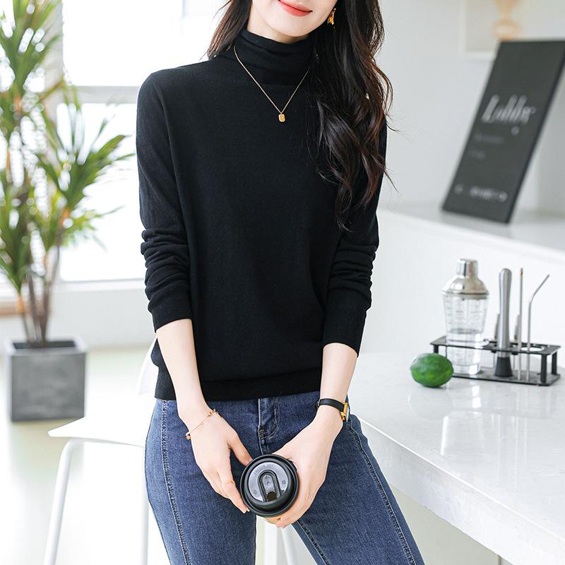 0 Wool Sweater Women's Loose and Thin Long Sleeves Stacked Collar Curled Pullover Sweater Backing Knitted Top Thin New