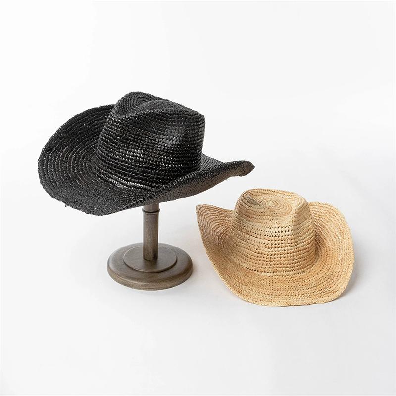 raffia Cowboy straw hat 9cm Brim  sunshade vacation  hand-woven crochet men and women beach sun protection western cowboy hats