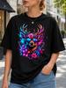 Neon Deer Head With Antlers Flowers Paint Splashes And Geometric Frame Graphic Unisex All Unisex All TShirt