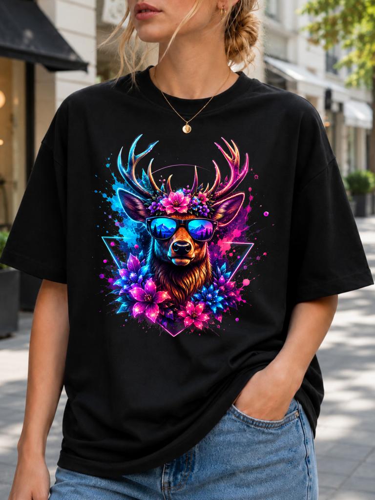 Neon Deer Head With Antlers Flowers Paint Splashes And Geometric Frame Graphic Unisex All Unisex All TShirt