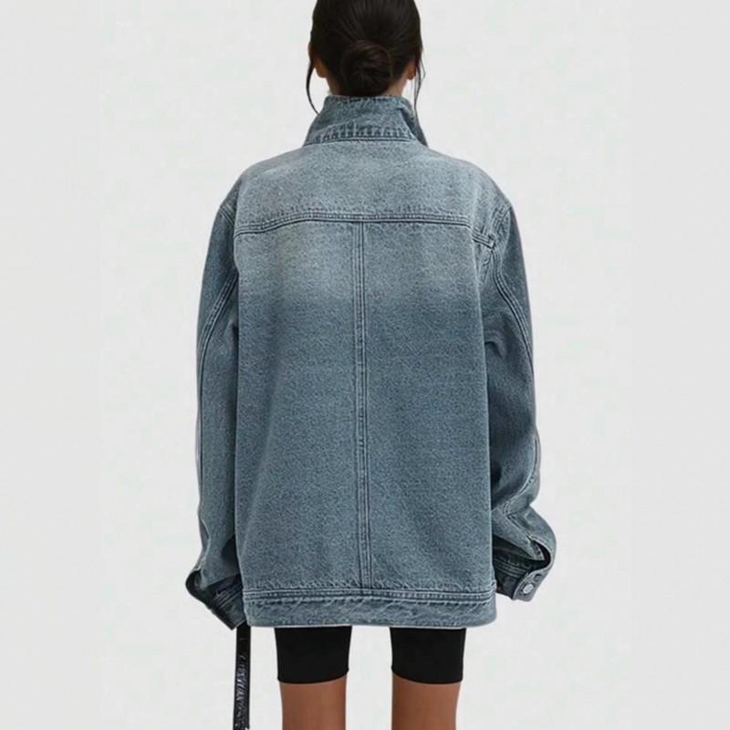 Relaxed Fit Distressed Denim Biker Jacket Women Short Cropped Stand Collar Casual Streetwear