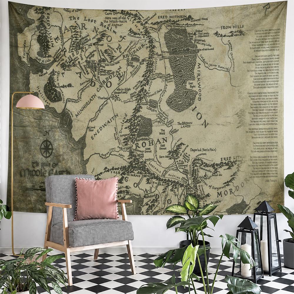 Middle-Earth Map Vintage Fantasy Design Patterned Tapestry for Bedroom and Living Room Home Decor Sofas