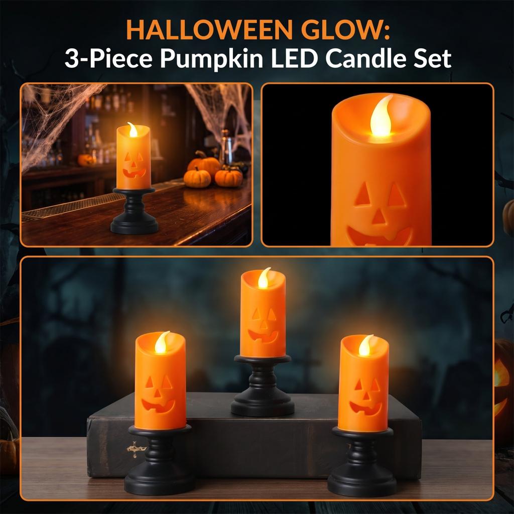 3pcs Halloween Pumpkin LED Candle Holder Set Flameless Night Light Electronic Decorative Tabletop Ornament for Home Party Bar Decor