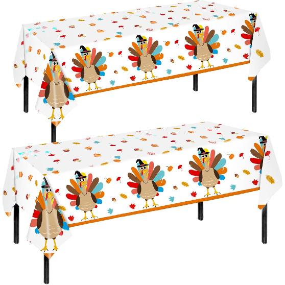 Thanksgiving Table Cloths Disposable, Turkey Tablecloth Plastic Rectangle Table Cover for Fall Harvest Decorations, 2 Pack 54 X 108 Inch