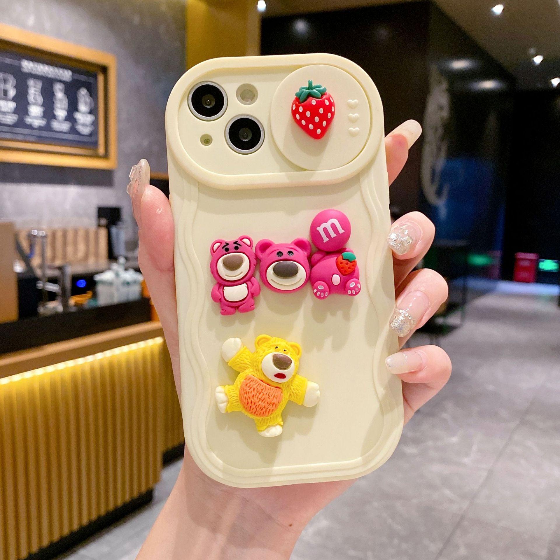 

Wavy Push Window Suitable for Apple 15 16 Protective Case 13 Strawberry Bear DIY Three Dimensional Dustproof Phone11 Mobile Phone Case iPhone16
