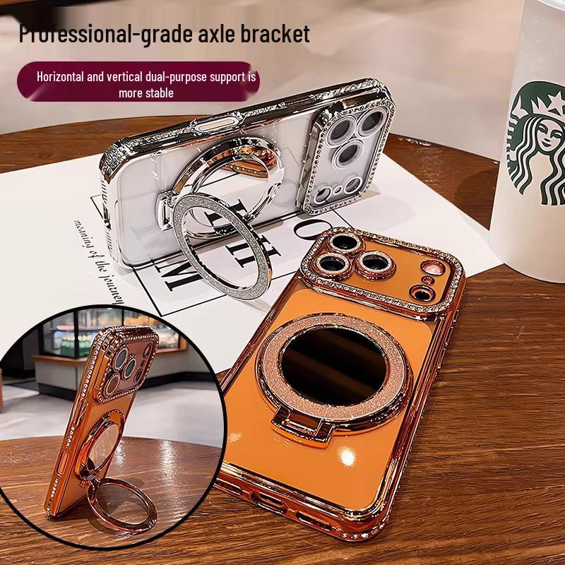 Rhinestone Glitter Mirror iPhone 17 Pro Max Case with Magnetic Stand - Luxury Female Cover, Also Fits iPhone 16 & 15