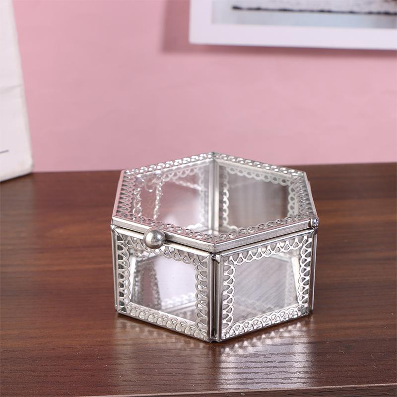 Hexagon Transparent Glass Storage Box Jewelry Ring Earring Beads Coins Display Case Keepsake Organizer Tabletop Container