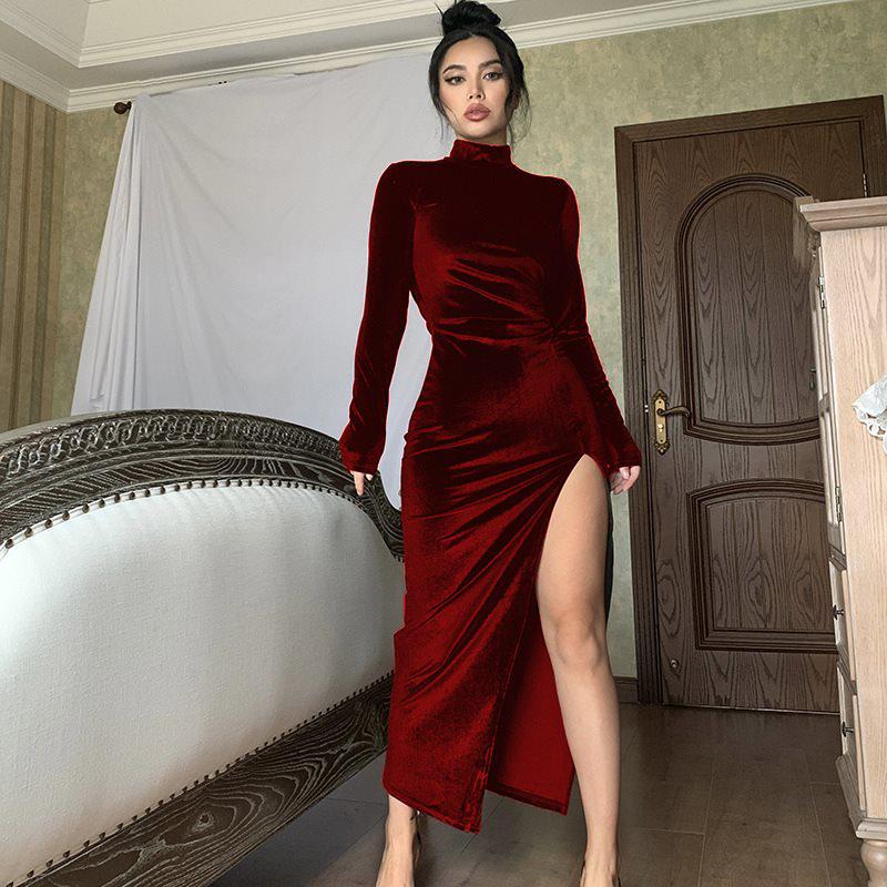 2023 European & American Style High Neck Velvet Long Dress with Slim Fit, Ruched Detailing & Slit - Autumn/Winter Women’s Fashion