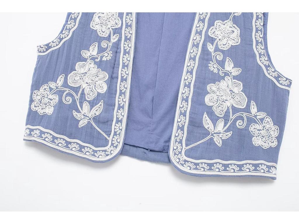 2024 Vintage květinová výšivka Barevný blok Vesta – Jarní bezrukávový top s otevřeným předním dílem