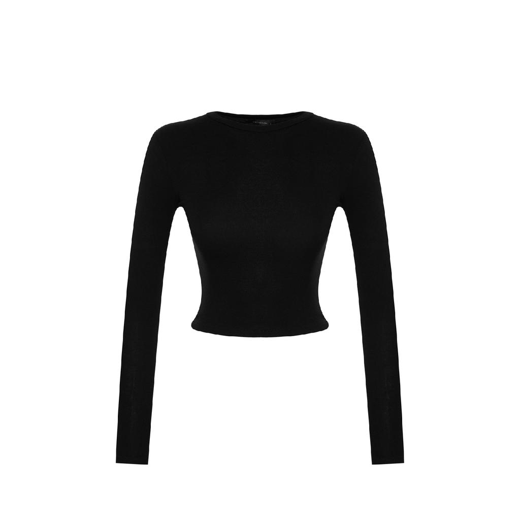 Ecru Premium Viskose Rundhals Crop Dehnbarer Strickbluse Twoaw24bz00116