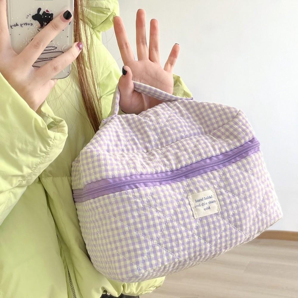 New Cotton Makeup Bag Cute Checkered Pattern Travel Toiletry Bag Multi-size Large Capacity Storage Wrist Bag Travel Use
