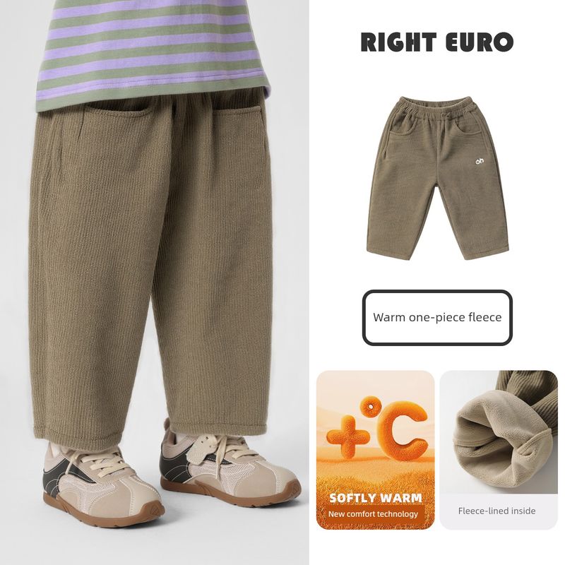 Right European Style Boys' R Series Thickened Trousers with Fleece, Warm Casual Pants, New Winter Children's Clothing for Babies