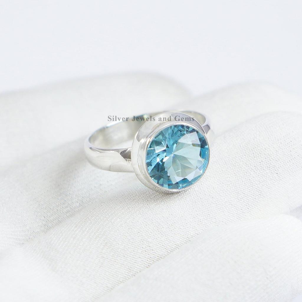 Dainty Round Blue Topaz Ring, 925 Sterling Silver, December Birthstone
