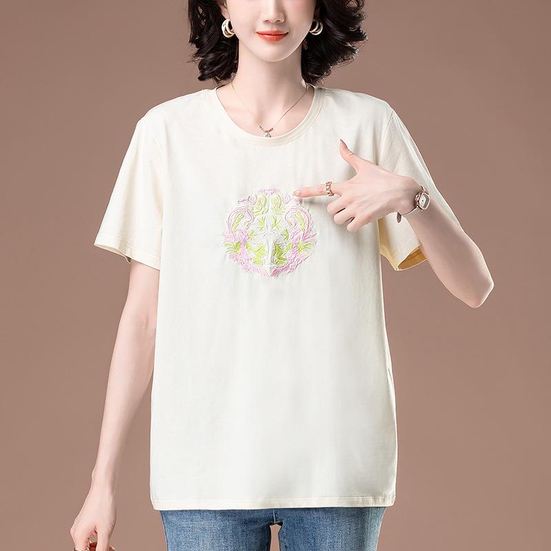 Damen Übergröße Baumwoll-T-Shirt mit Stickerei - Kurzarm, lockere Passform für den Sommer
