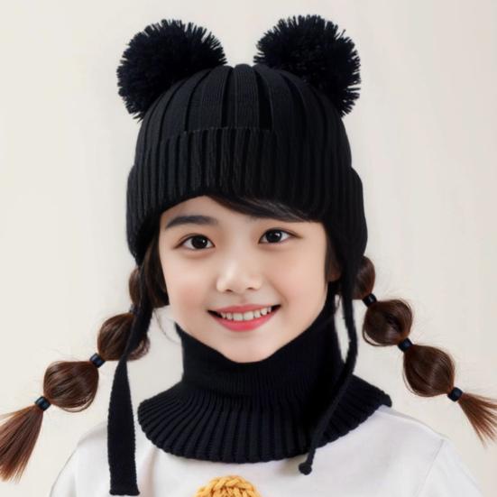 2Pcs/Set Children Winter Hat Scarf Set Plush Ball Decor Solid Color Plush Lining Knitting Hat Warm Neckerchief Set
