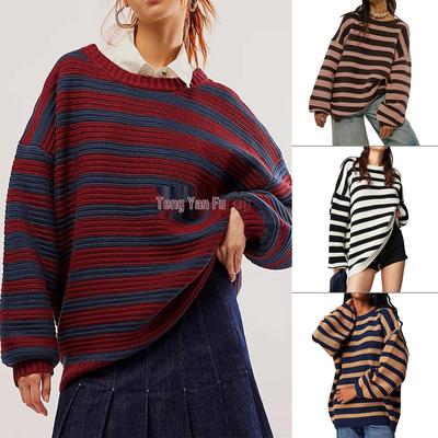 2026 Women's Striped Round Neck Loose Knit Long Sleeve Sweater