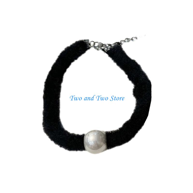 HX6F Graceful Black Plush Necklace Star/Round Bead Collarbone Chain Jewelry Decor