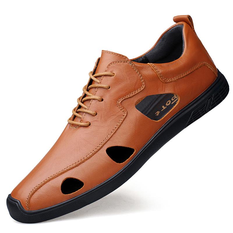 2024 Summer Men's Sandals Genuine Leather Hollowed Out Soft Bottom Breathable Casual Shoes Lightweight Comfy Flat Designer Shoes