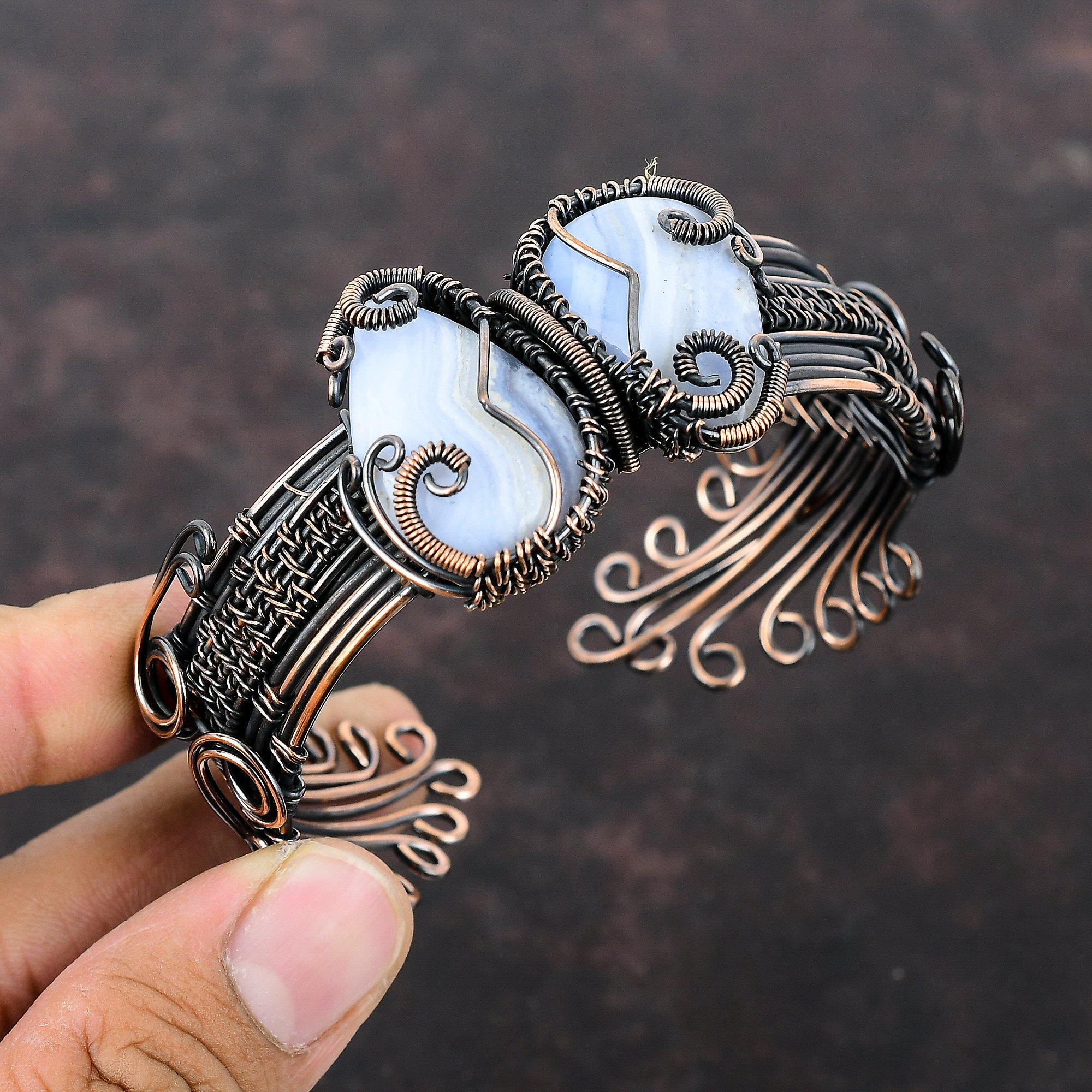 

Синий кружевной агатовый медный браслет-манжета, обмотанный проволокой, регулируемый браслет, ювелирные изделия ручной работы из драгоценных камней, подарок для мамы, изящные ювелирные изделия из медной проволоки