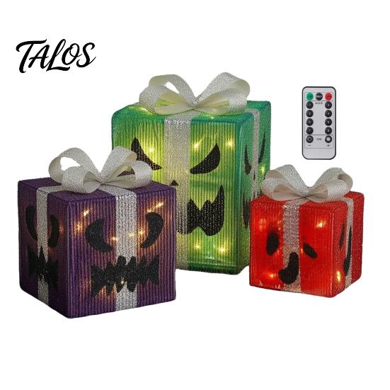 Glowing Night Light Ornaments 3Pcs Lighted Halloween Pumpkin Gift Boxes, Spooky Face Tiered Scene Layouts Presents Box, Warm Holiday Ornament