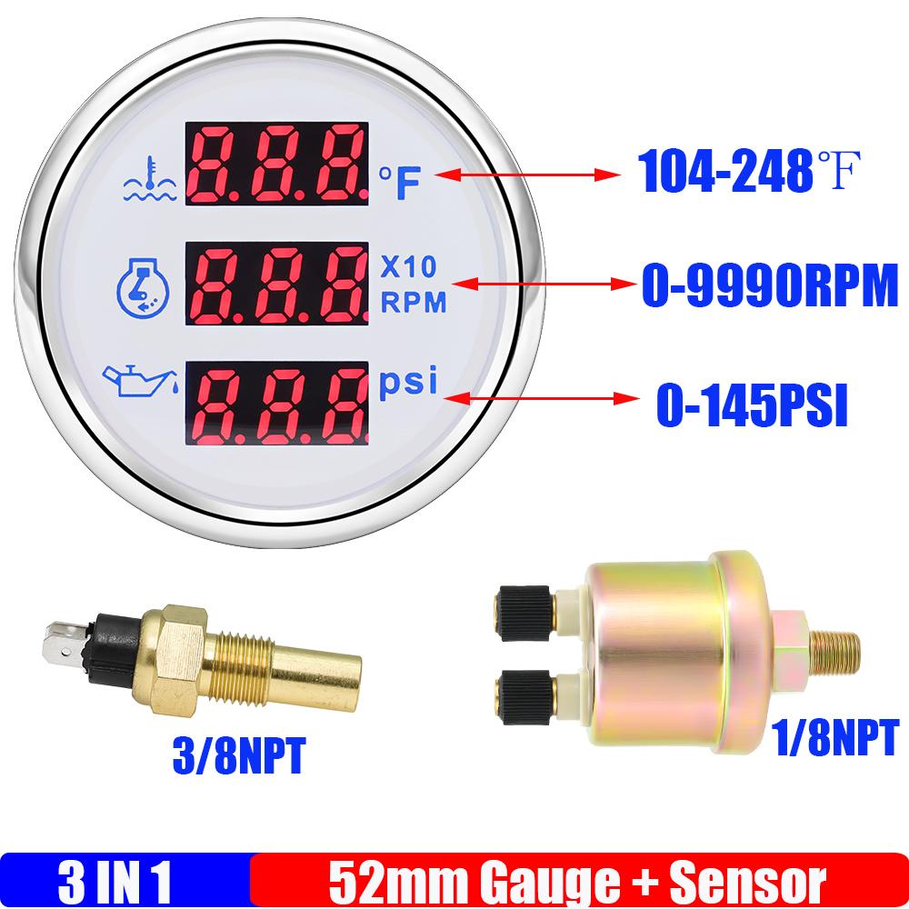 

Multifunctional Digital 52mm Gauge Red LED 104-248℉ Water Temperature Tachometer Oil Pressure Meter 0-145PSI with Alarm Car Boat 3-8NPT WS