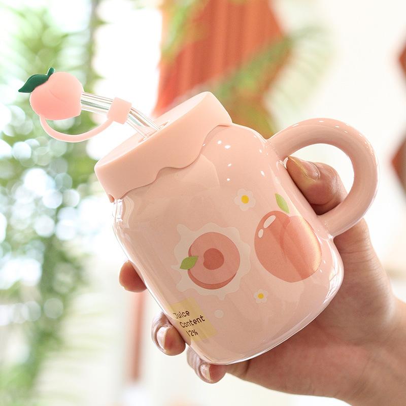 

Premium Ceramic Mug with Straw Lid with Handle Fresh Girly Heart High Value Water Cup for Best Friend Souvenir 401-500ml