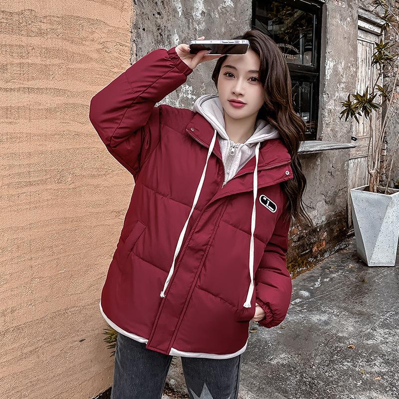 Fake Two Thickened Cotton Clothes Cotton Clothes Women's Winter 2025 New Loose Plus Size Casual Student Padded Jacket with Hood