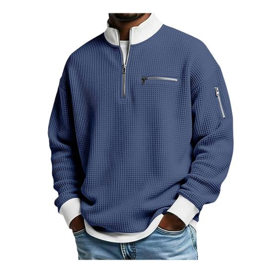 Men Waffle Sweatshirt Quarter Zip Stand Collar Casual Pullover Color Block Long Sleeve Top for Office Street Gym Wear