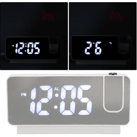 Projection Digital Alarm Clock for Bedrooms USB Rechargeable White Light Snooze Function Adjustable Brightness LED Mirror Digital Alarm Clock (White