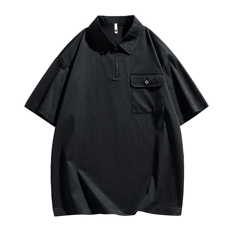 

Мужская светло-серая футболка-поло с коротким рукавом и молнией на половину, повседневная, свободного кроя, с карманом, текстурированный топ M чёрный