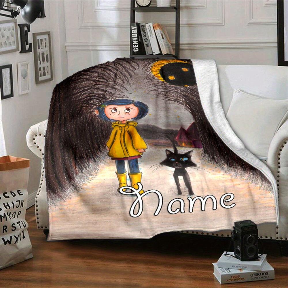 Coraline And Cat Pattern Flannel Blanket Name Can Be Customized Comfortable In All Seasons Suitable For Sofa Bed Travel Camping And Office Decoration