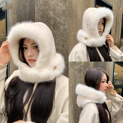 Women Autumn Winter Warm Thicken Ear Protector Neck Scarf Hat One-piece Cold Fur Velvet Outdoor Cycling Bomber Hats Sweet Cute Lei Feng Cap