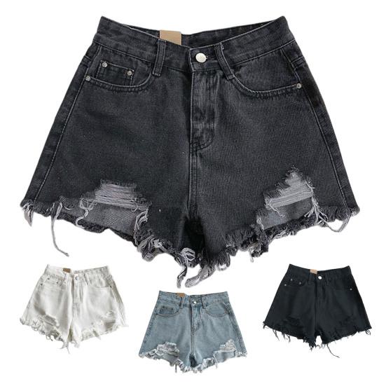 Sommer-Jeansshorts für Damen, hohe Taille, A-Linie, einfarbig, zerrissen, mit Knopf, Reißverschluss, Retro-Taschen, schmale Passform, über dem Knie, kurze Hose