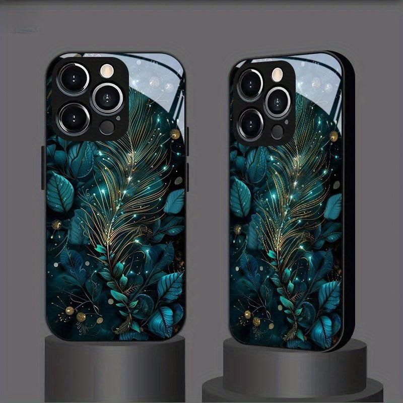 Peacock feather pattern tempered glass phone case suitable for iPhone 17 16 15 14 13 12 11 Pro/Max/Plus anti drop and shockproof