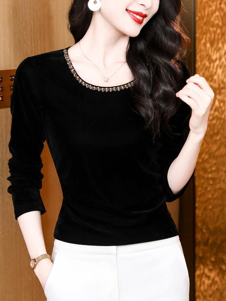 

Velvet Beaded Round Neck Long Sleeve Patchwork T-shirt for Women in Black & Red XL чёрный