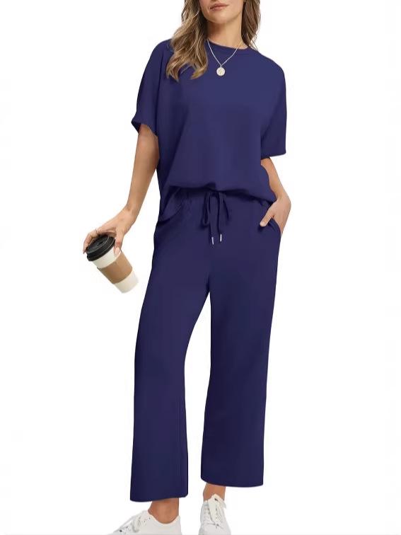 2026 Summer Women's Solid Color Casual T-shirt & Wide-leg Pants Set