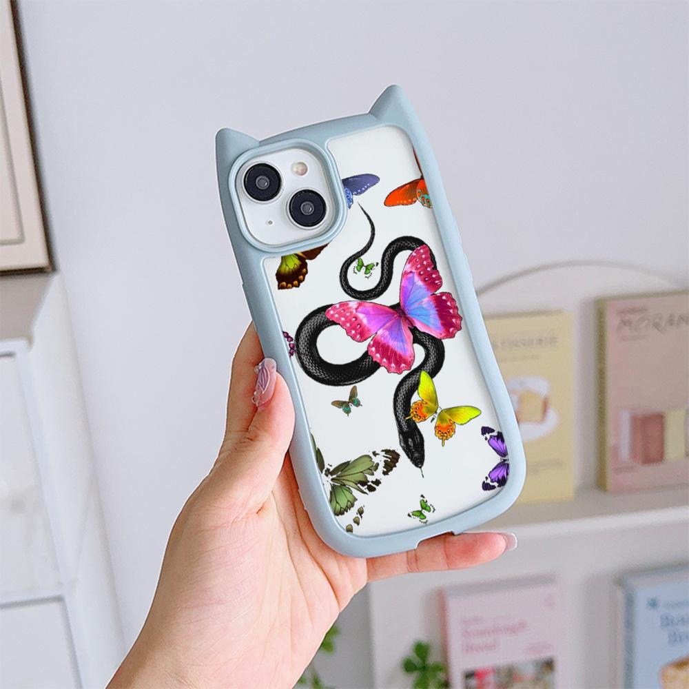 Soft Cat Ear Phone Cases for iPhone 16 15 13 12 11 Pro Max 14 Plus XR TPU Anti-Drop Transparent Acrylic Back Cover N77 Butterfly Black Gold Snake