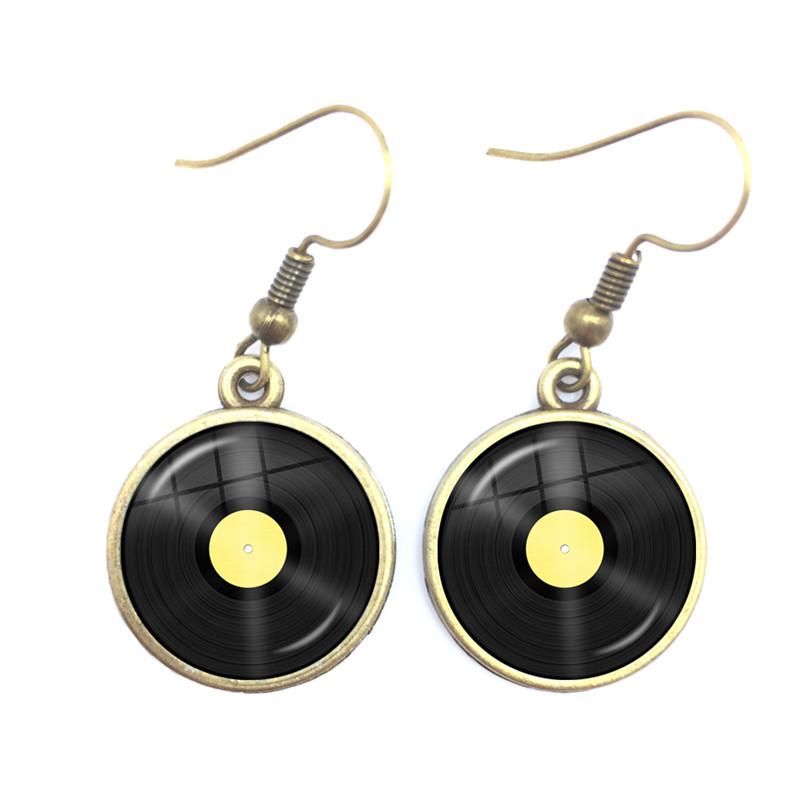 Retro CD Record Drop Earring Disc Classic Music Gramophone Record Glass Cabochon Earrings Gift for Music Loves