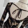 Damen Exklusives rückenfreies Leopardenmuster Schnürung Langarm Slim Fit Oberteil