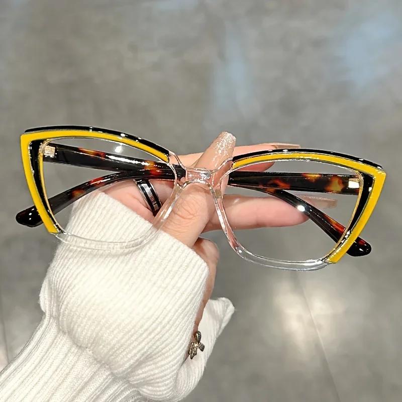 Fashion Cat Eye Glasses Transparent Retro Color Block Splicing Decorative Eyewear for Women Computer Use