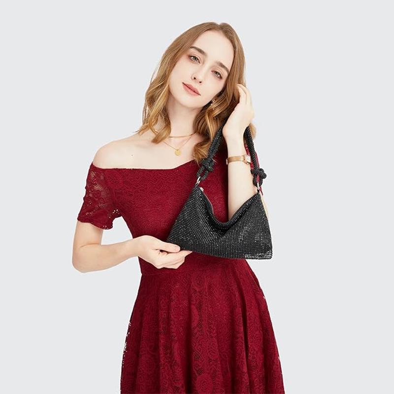 WTEMPO Solid Color Shiny Bags with Handle Sparkling Rhinestone Evening Party Bags Women's Underarm Zipper Bags Perfect for Commuting and Shopping