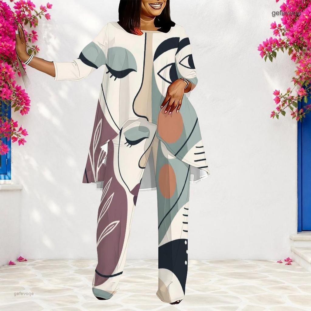 Women Plus Size Round Neck Long Sleeve Abstract Printed Irregular Top And Long Pants Two Piece Set