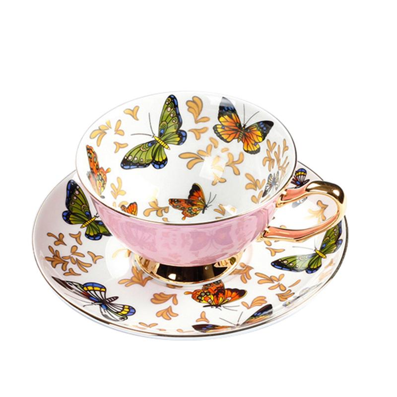 

220 мл, набор из тонкого костяного фарфора, чайная чашка с блюдцем, дизайн с красочными бабочками, керамическая чашка Tasse a cafe, блюдце для чашки эспрессо. 220ml розовый