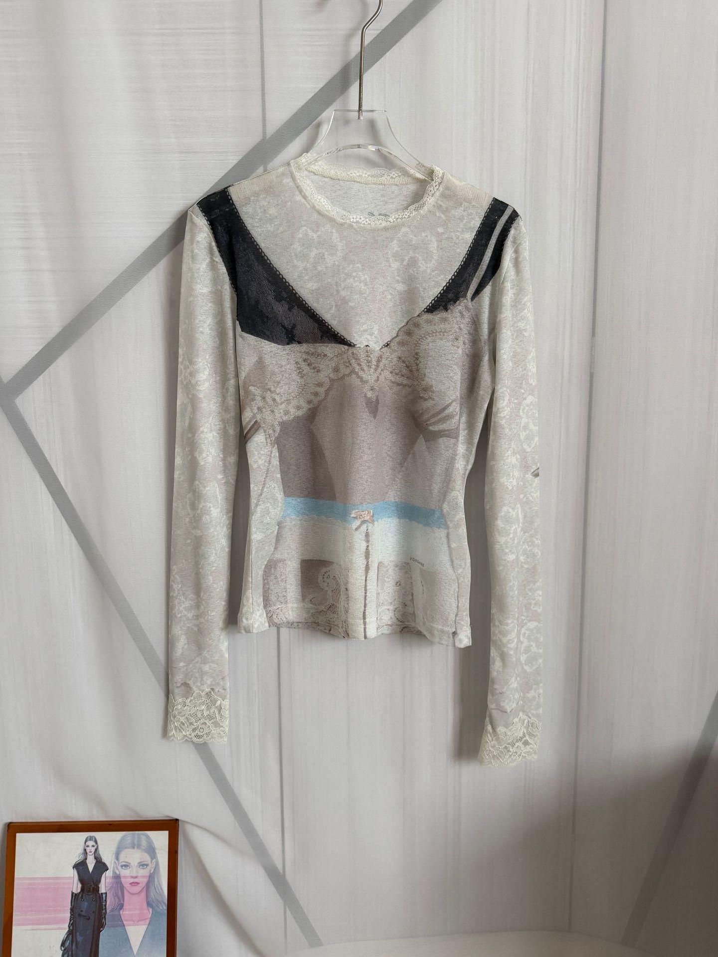 Nanyou Lace Layered 3D Print Long Sleeve T-Shirt, Women s Spring/Summer Top Large