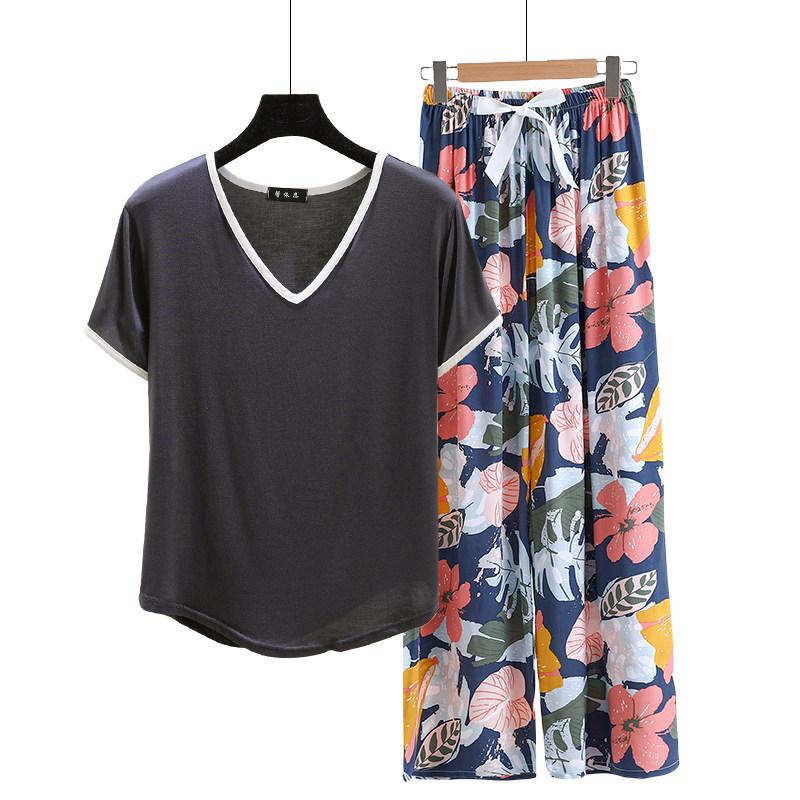 Modal Loungewear V-Neck color-block Tshirt and Floral Wide leg pants Summer Thin Pajamas sets Casual Plus size Homewear 2pcs suit Comfort clothing