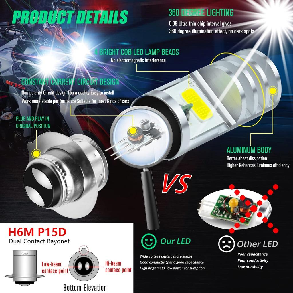 2Pcs 9-48V ATV LED Bulbs White,1800LM Hi-Lo Beam 4COBs H6M P15D LED Bulbs for or Motorcycle,Y amaha,ATVS Y FM350 450 400 660 700 Raptor.