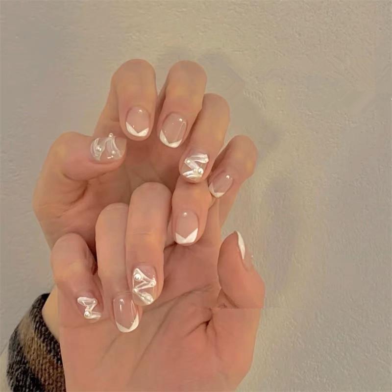 

Ribbon Pearl White French Manicure Short Whitening Fake Nail Patch