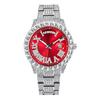 Mens Fashion Quartz Wrist Watch Dual Calendar Pink Dial Rhinestone Accents Luminous 30M Waterproof Stainless Steel Band